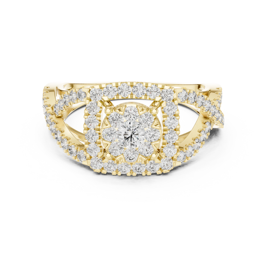 Cushion Double Halo Twist Scroll Gallery Moissanite Ring in yellow 925 sterling silver, view 4