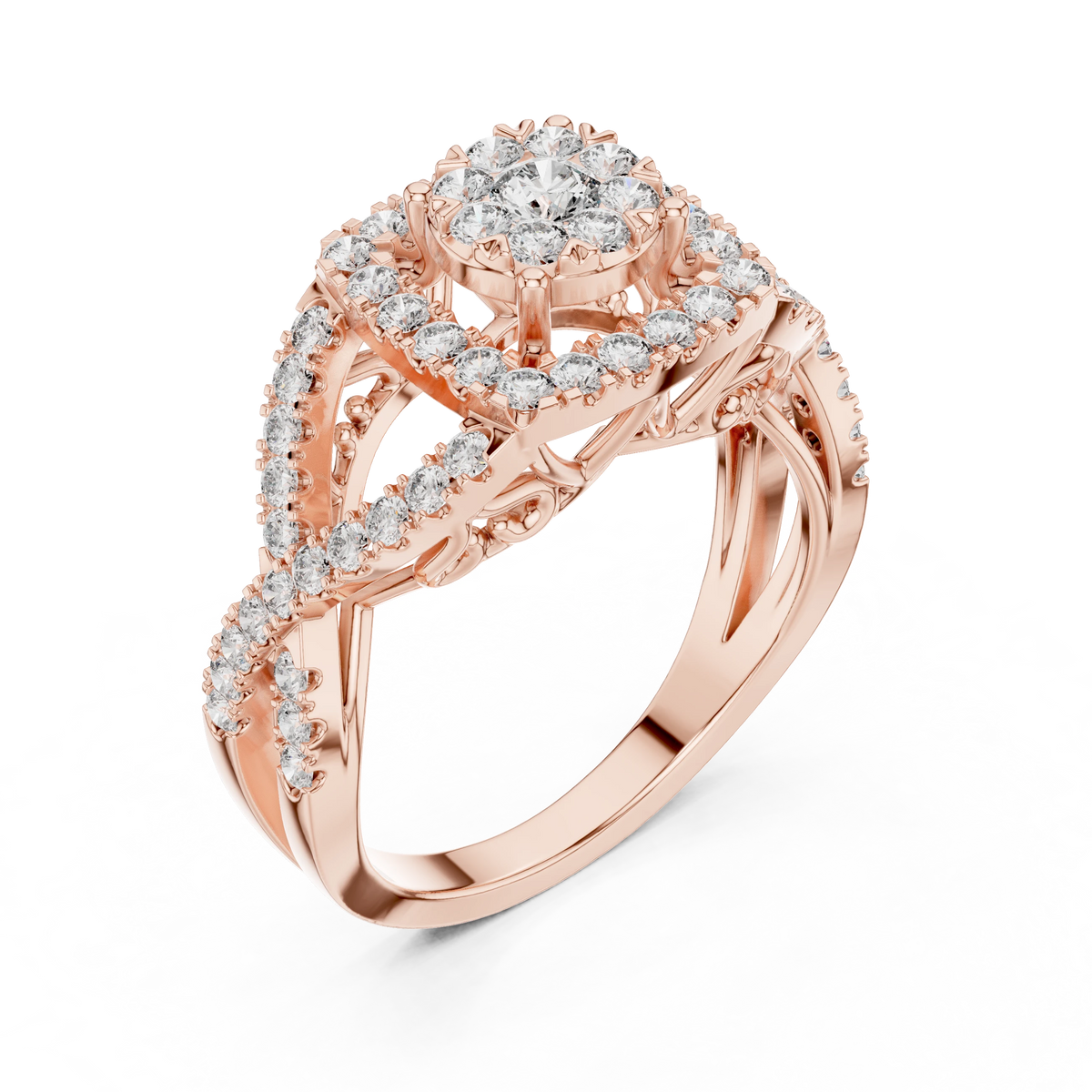Cushion Double Halo Twist V Gallery Moissanite Ring in rose 925 sterling silver, view 2