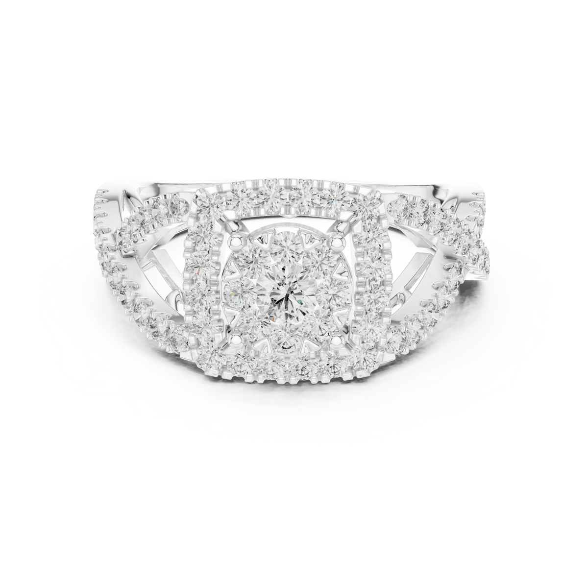 Cushion Double Halo Twist V Gallery Moissanite Ring in white 925 sterling silver, view 4