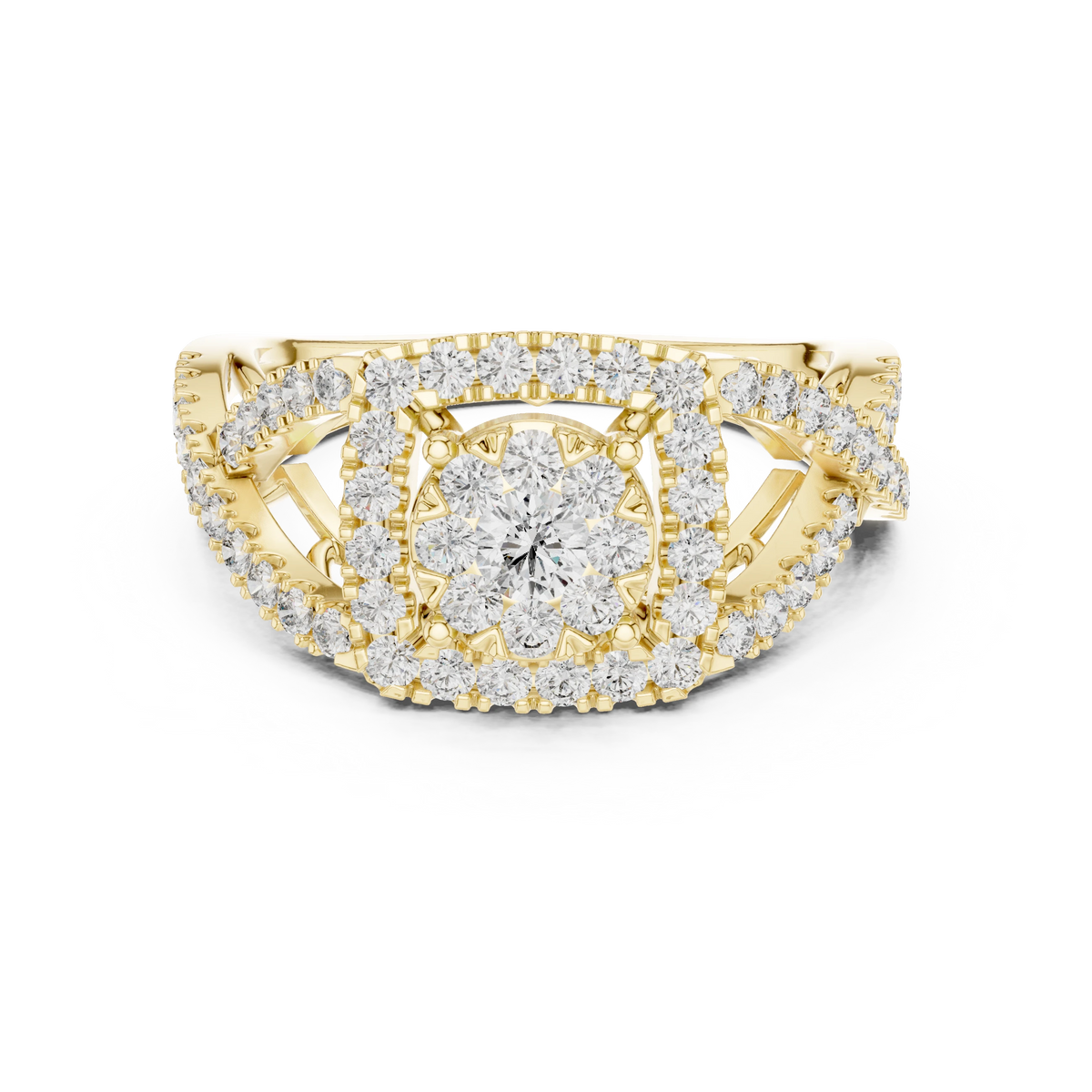 Cushion Double Halo Twist V Gallery Moissanite Ring in yellow 925 sterling silver, view 4