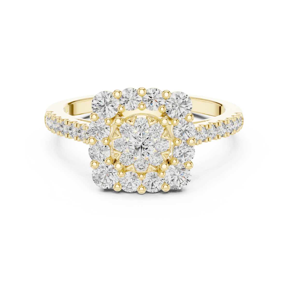 Cushion Cluster Large Stone Halo Moissanite Ring in yellow 925 sterling silver, view 4