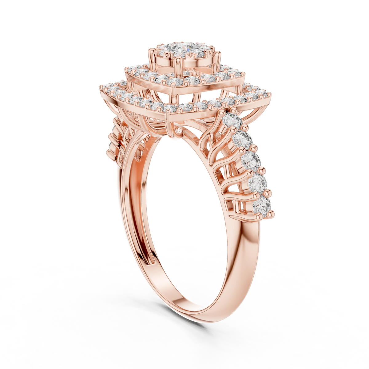 Tiered Cushion Double Halo Cluster Moissanite Ring in rose 925 sterling silver, view 1