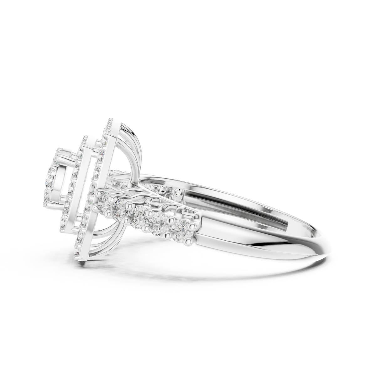 Tiered Cushion Double Halo Cluster Moissanite Ring in white 925 sterling silver, view 3
