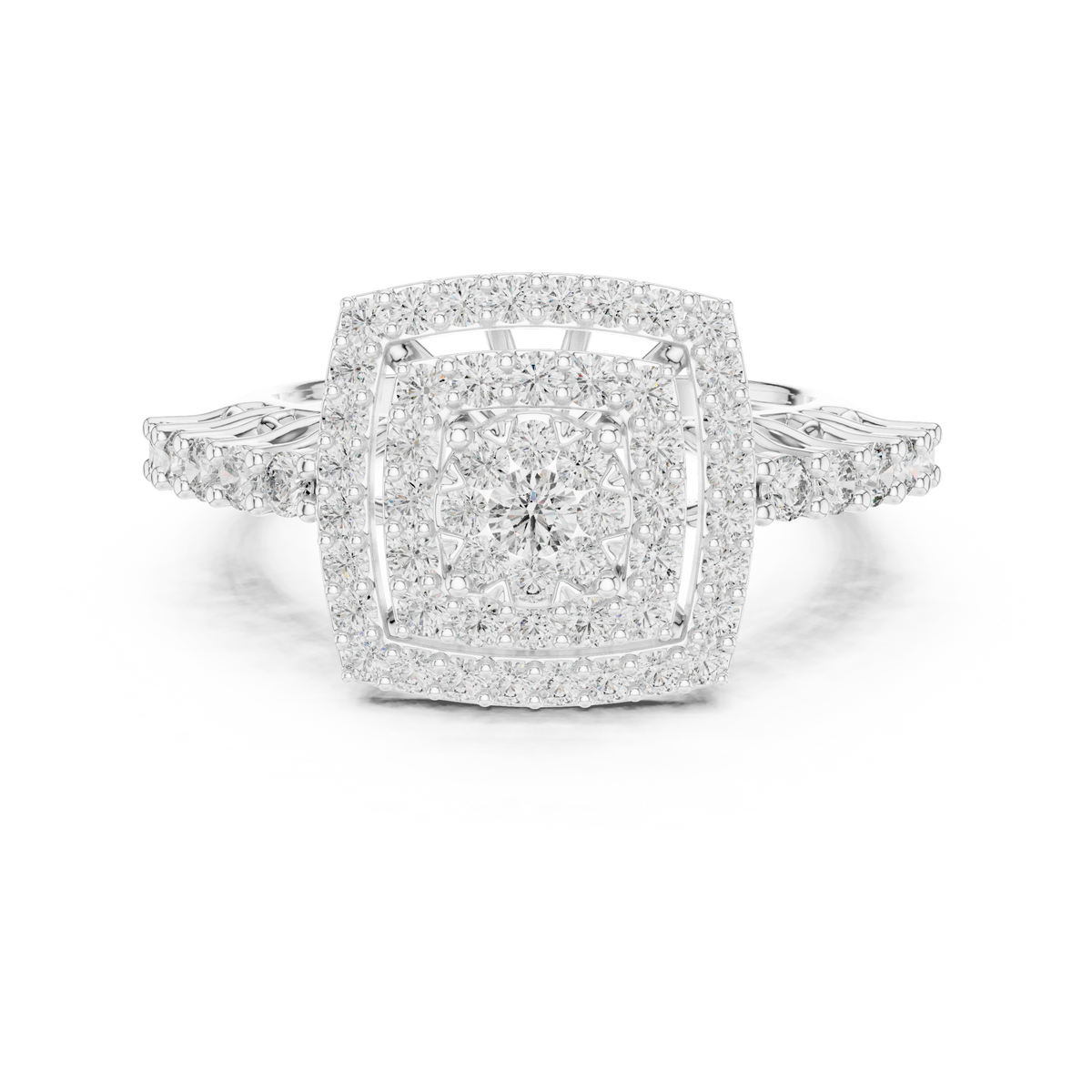 Tiered Cushion Double Halo Cluster Moissanite Ring in white 925 sterling silver, view 4
