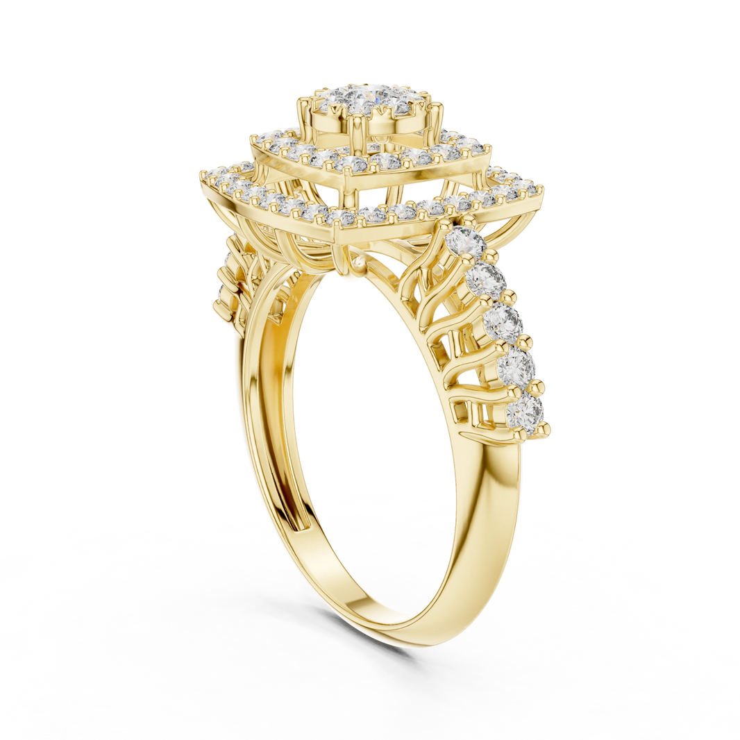 Tiered Cushion Double Halo Cluster Moissanite Ring in yellow 925 sterling silver, view 1