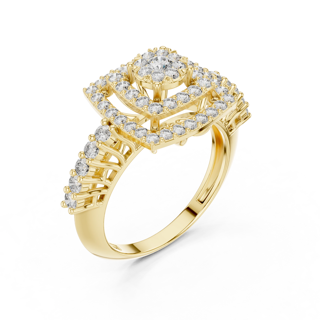 Tiered Cushion Double Halo Cluster Moissanite Ring in yellow 925 sterling silver, view 2