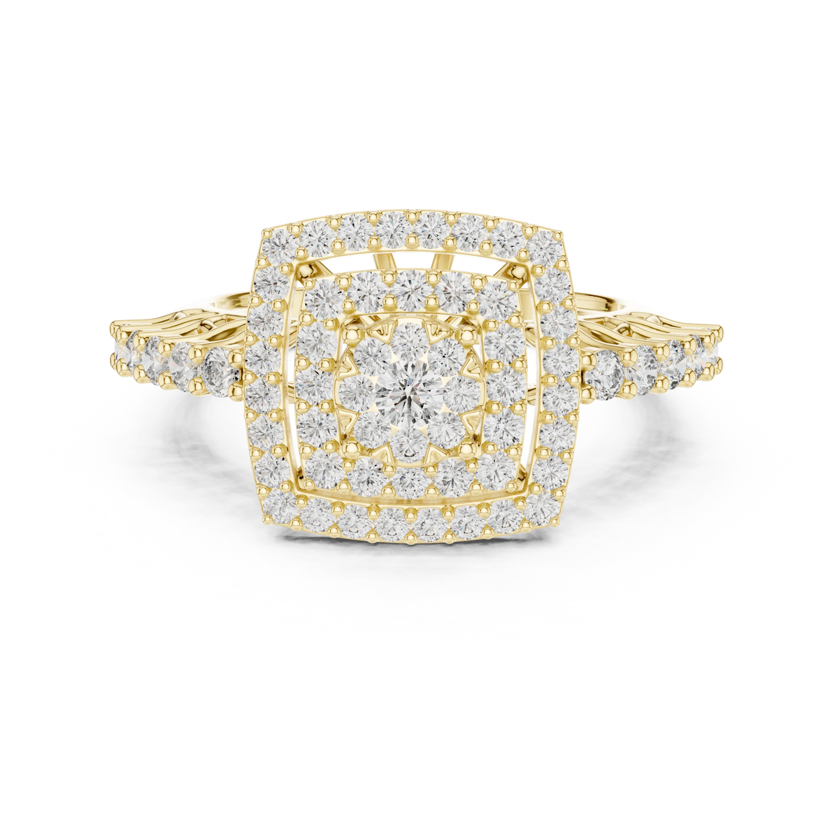 Tiered Cushion Double Halo Cluster Moissanite Ring in yellow 925 sterling silver, view 4