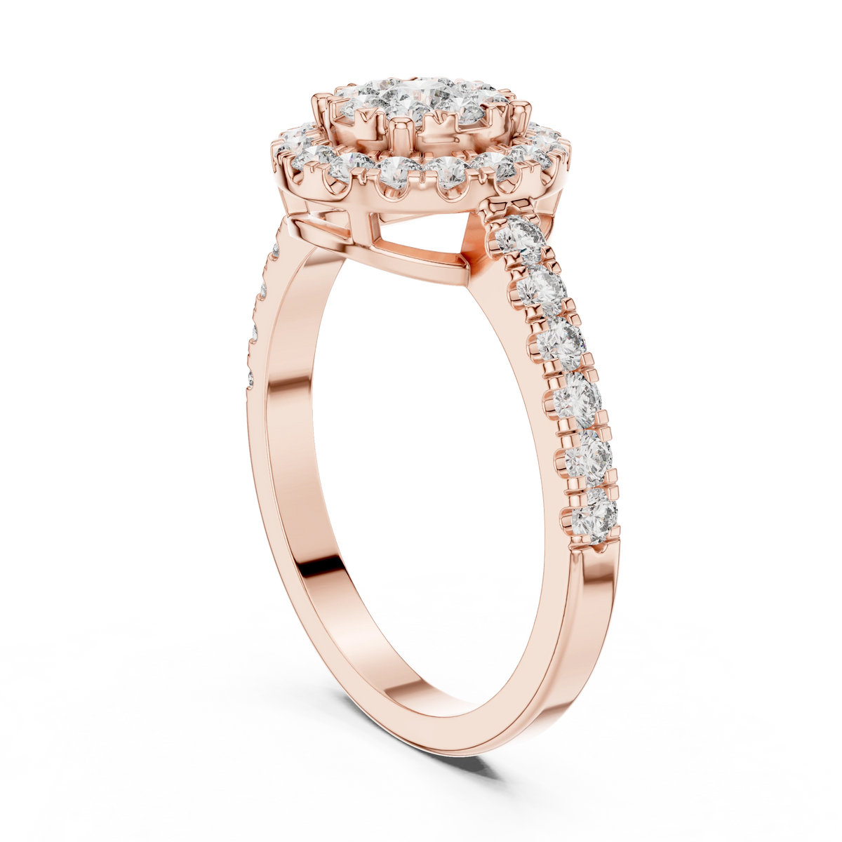 Round Cluster Halo Pavé Moissanite Ring in rose 925 sterling silver, view 1