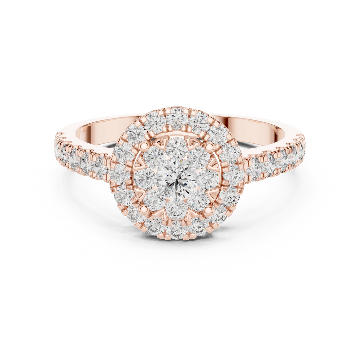 Round Cluster Halo Pavé Moissanite Ring in rose 925 sterling silver, view 4