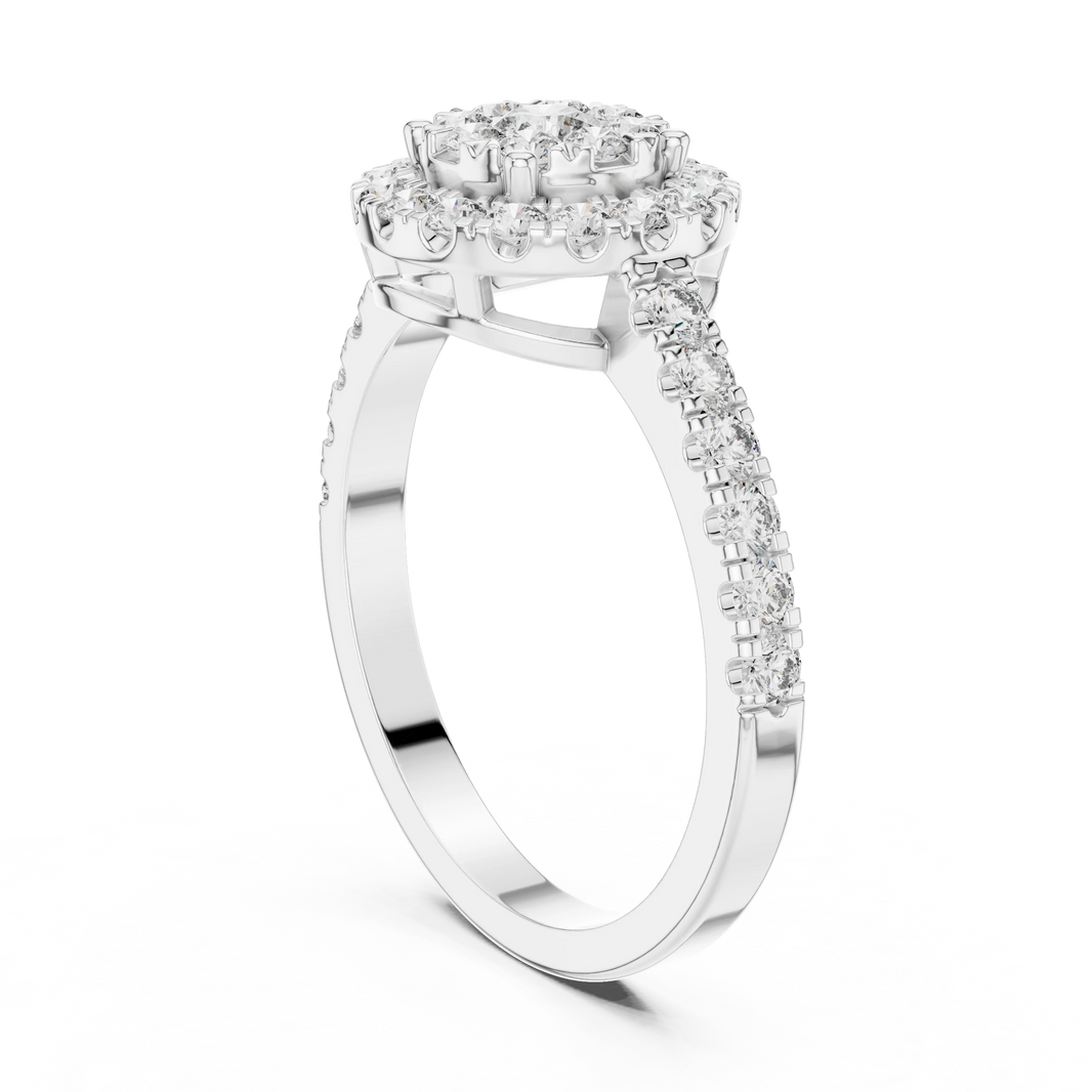 Round Cluster Halo Pavé Moissanite Ring in white 925 sterling silver, view 1