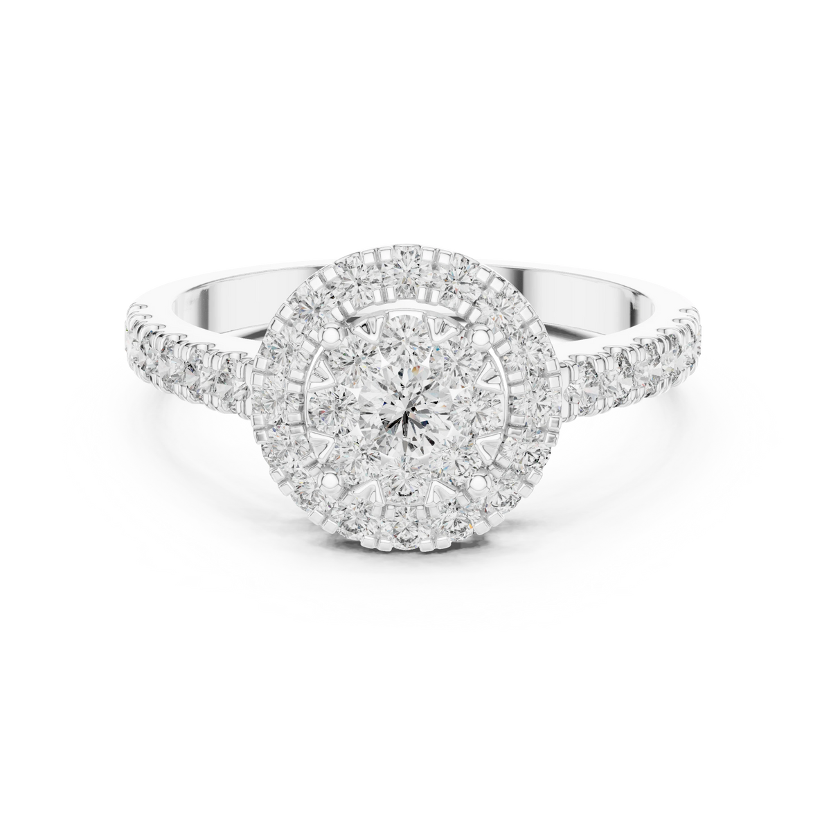 Round Cluster Halo Pavé Moissanite Ring in white 925 sterling silver, view 4