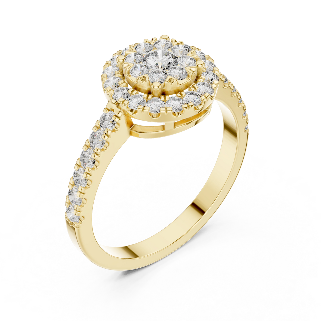 Round Cluster Halo Pavé Moissanite Ring in yellow 925 sterling silver, view 2