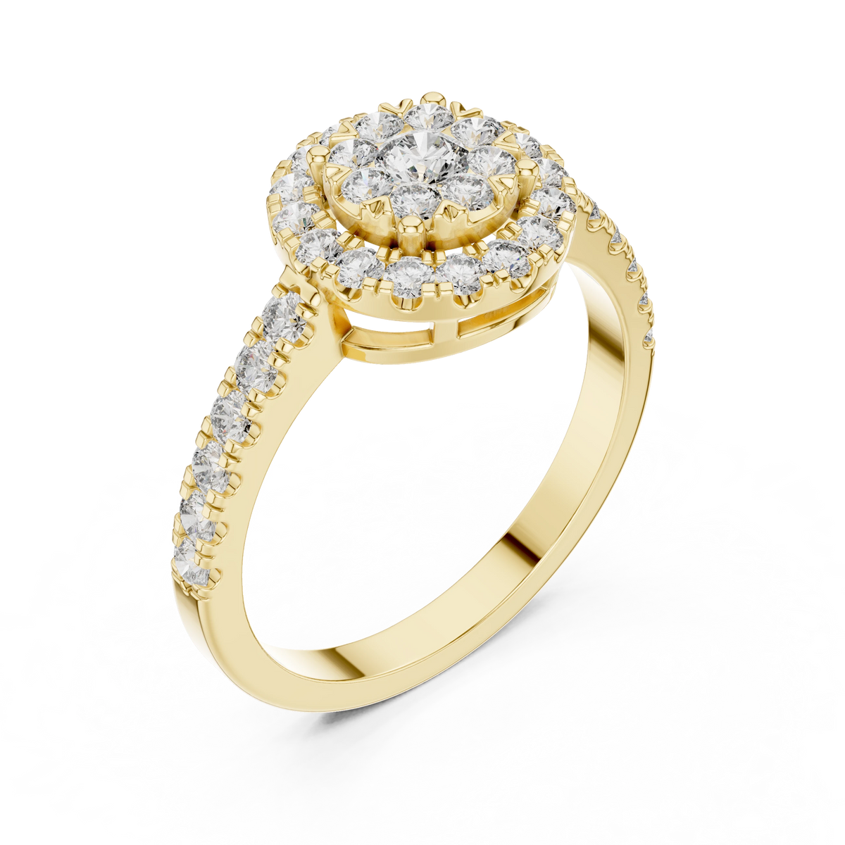 Round Cluster Halo Pavé Moissanite Ring in yellow 925 sterling silver, view 2
