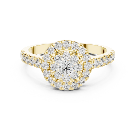 Round Cluster Halo Pavé Moissanite Ring in yellow 925 sterling silver, view 4