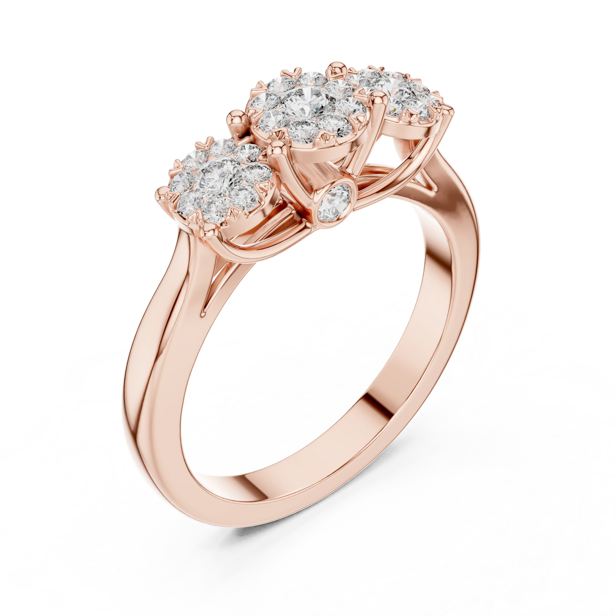 Three Cluster Tapered Band Moissanite Ring in rose 925 sterling silver, view 2