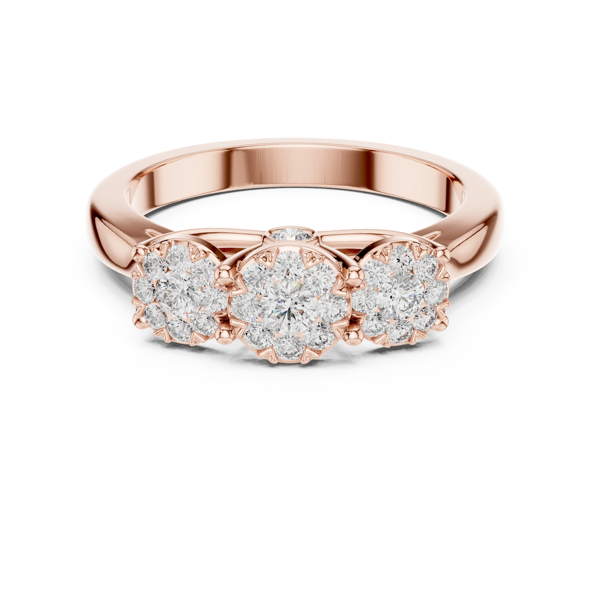 Three Cluster Tapered Band Moissanite Ring in rose 925 sterling silver, view 4