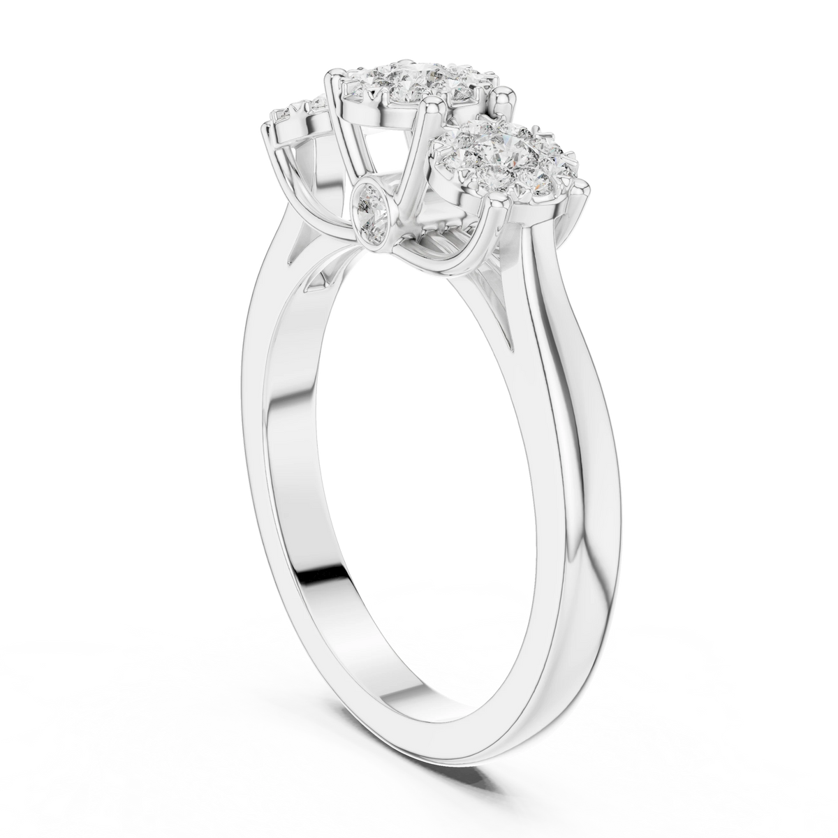 Three Cluster Tapered Band Moissanite Ring in white 925 sterling silver, view 1