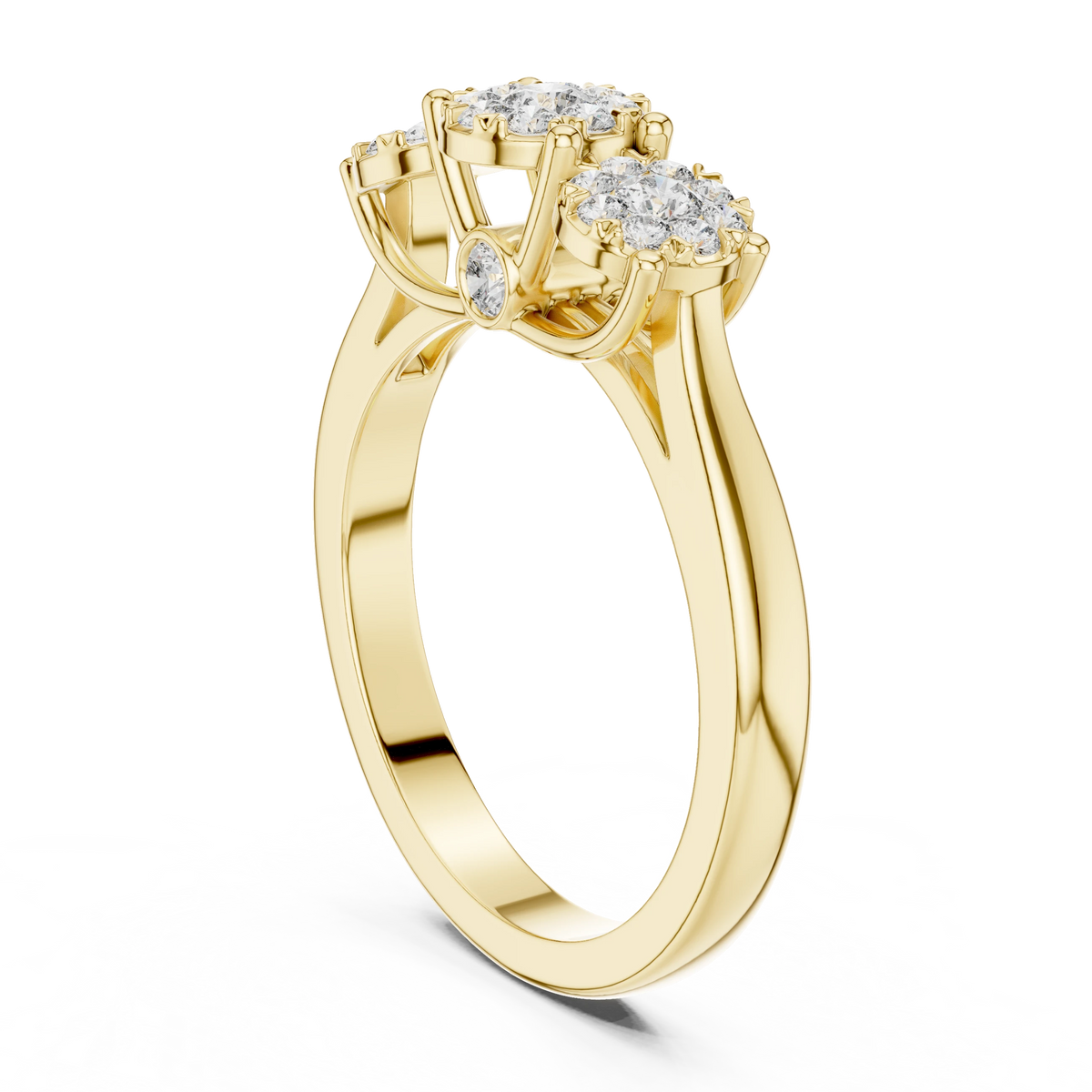 Three Cluster Tapered Band Moissanite Ring in yellow 925 sterling silver, view 1