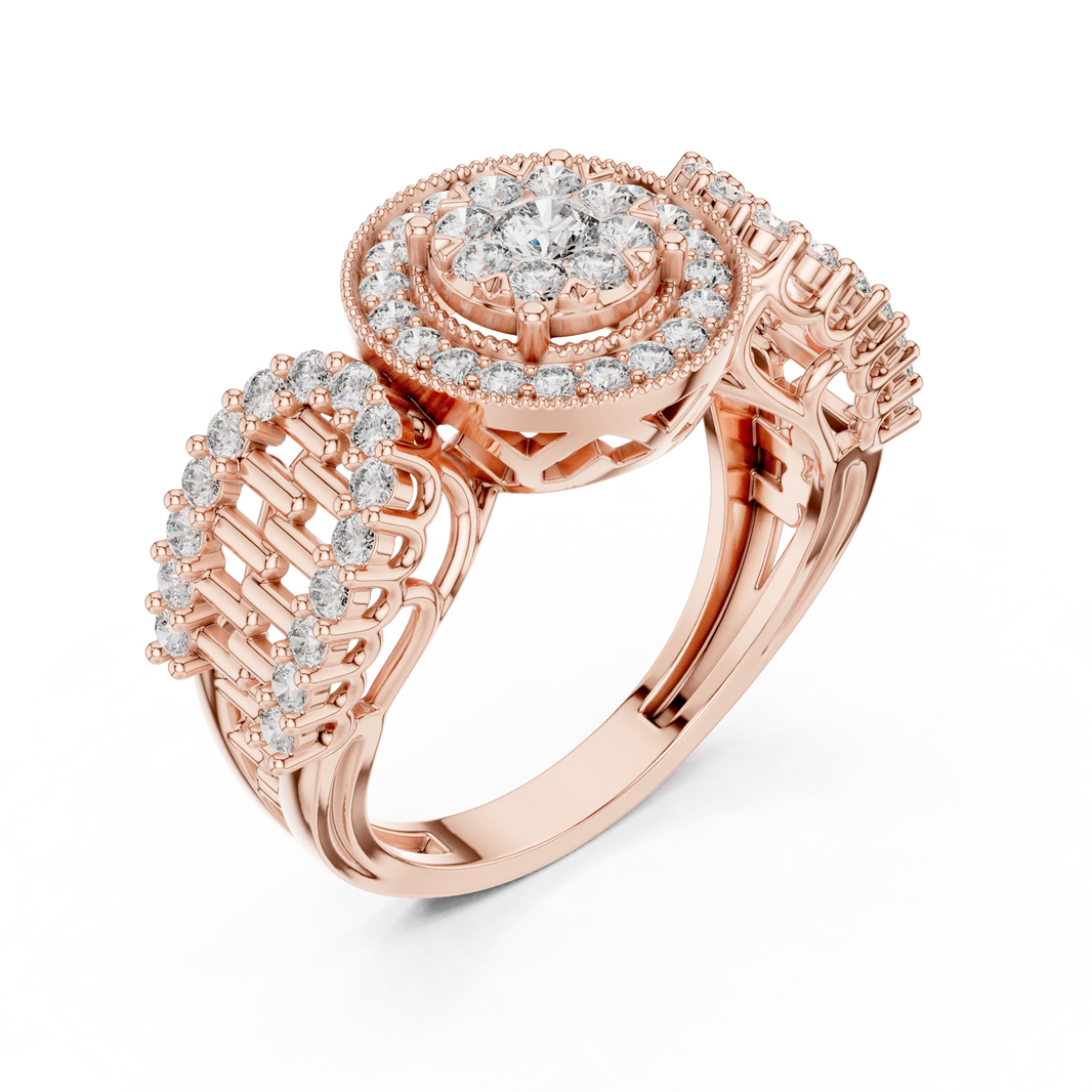 Vintage Milgrain Halo Brick Pattern Shoulder Moissanite Ring in rose 925 sterling silver, view 2