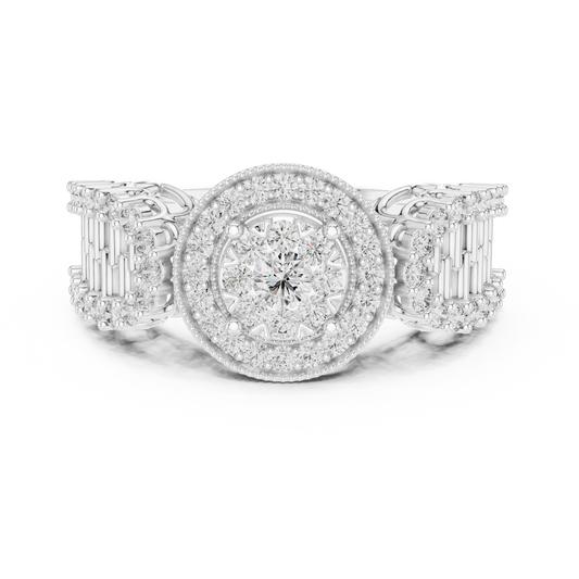 Vintage Milgrain Halo Brick Pattern Shoulder Moissanite Ring in white 925 sterling silver, view 4