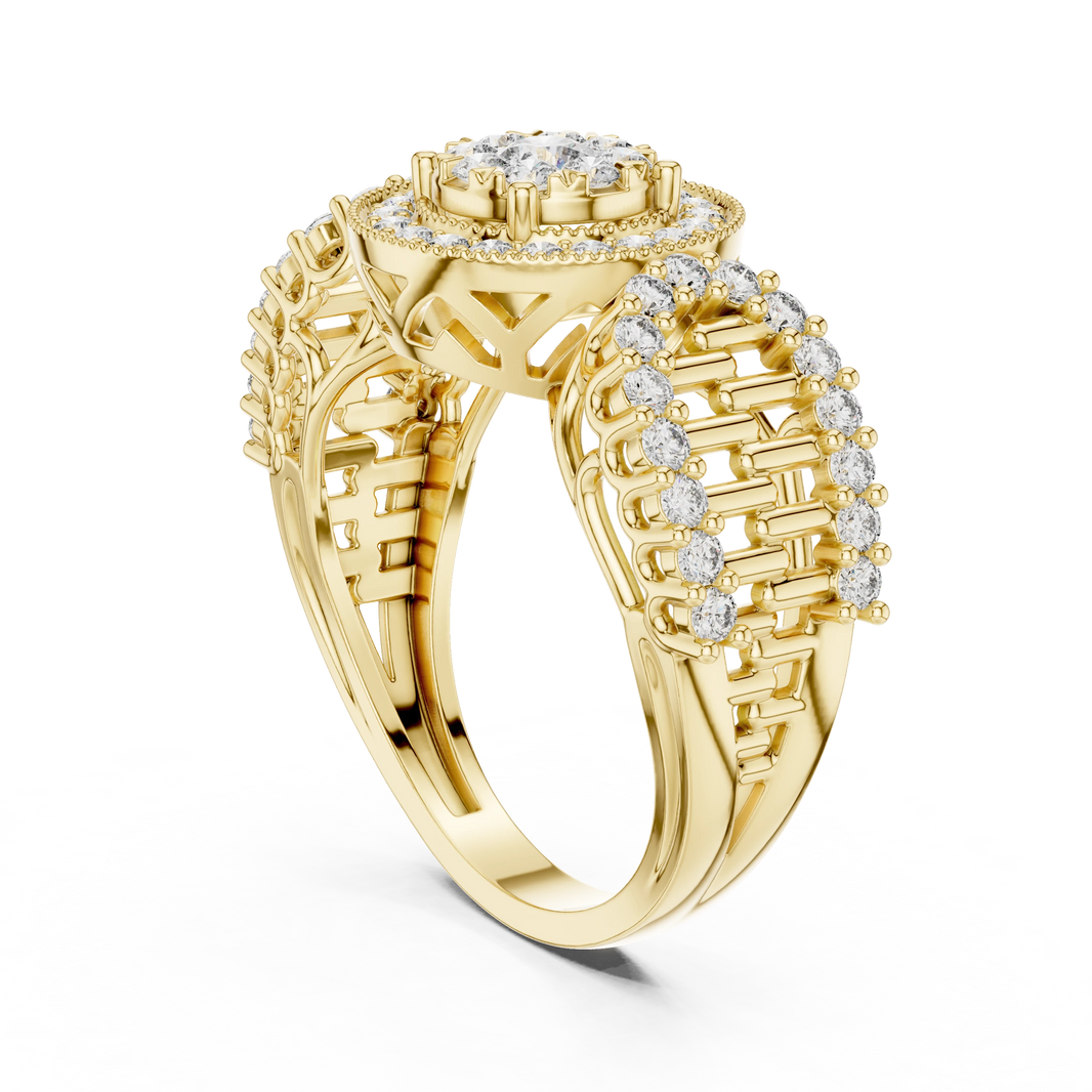 Vintage Milgrain Halo Brick Pattern Shoulder Moissanite Ring in yellow 925 sterling silver, view 1