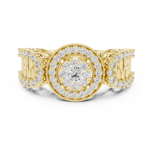 Vintage Milgrain Halo Brick Pattern Shoulder Moissanite Ring in yellow 925 sterling silver, view 4