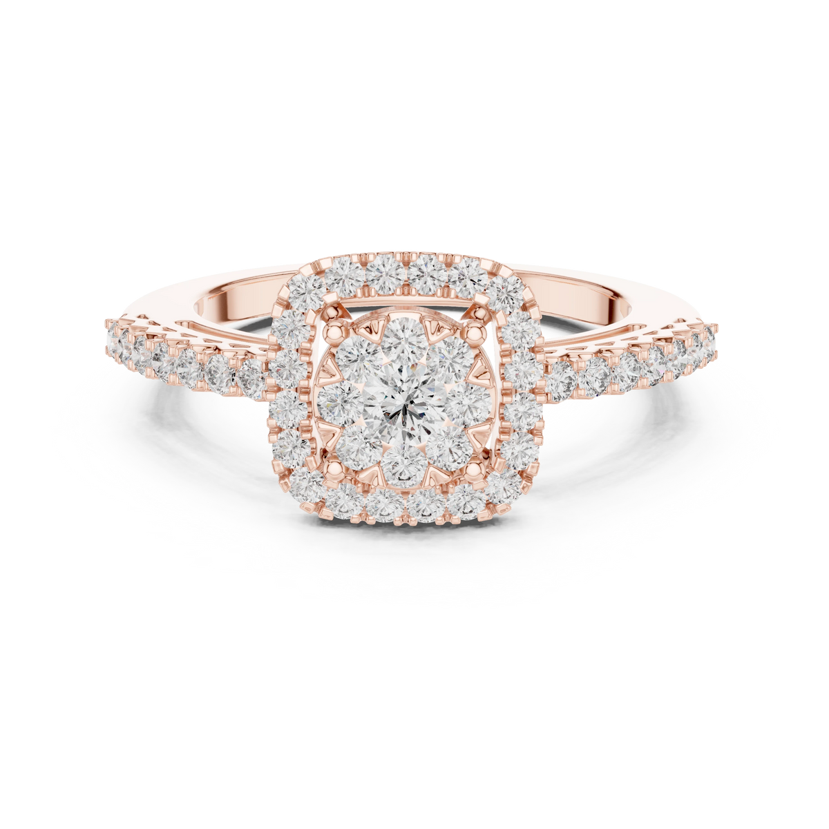 Cushion Halo Cluster Pavé Moissanite Ring in rose 925 sterling silver, view 4
