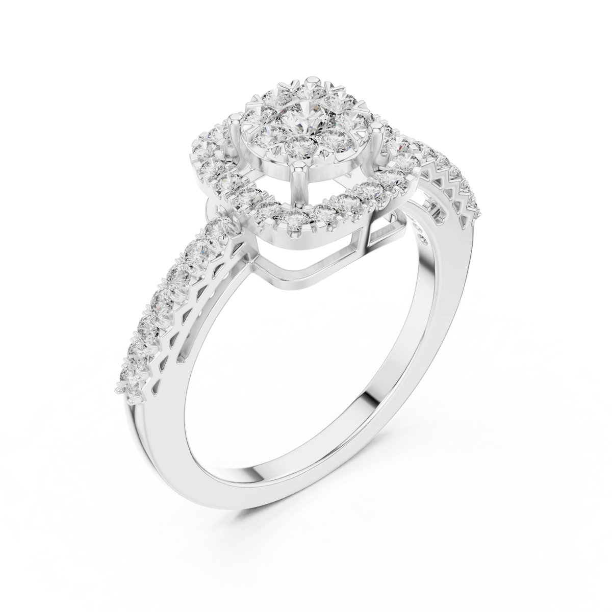 Cushion Halo Cluster Pavé Moissanite Ring in white 925 sterling silver, view 2