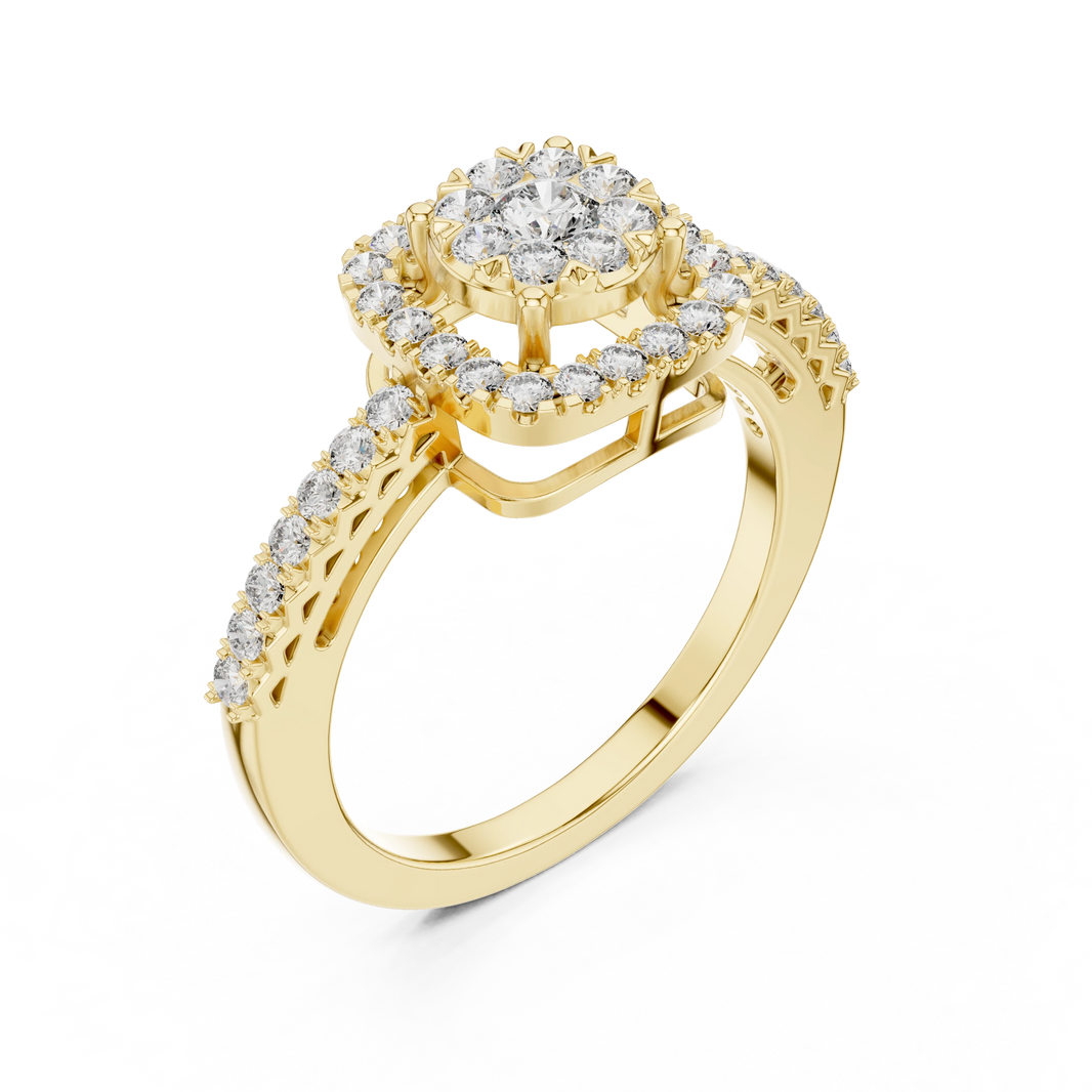 Cushion Halo Cluster Pavé Moissanite Ring in yellow 925 sterling silver, view 2