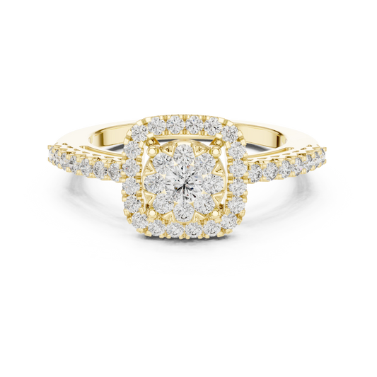 Cushion Halo Cluster Pavé Moissanite Ring in yellow 925 sterling silver, view 4