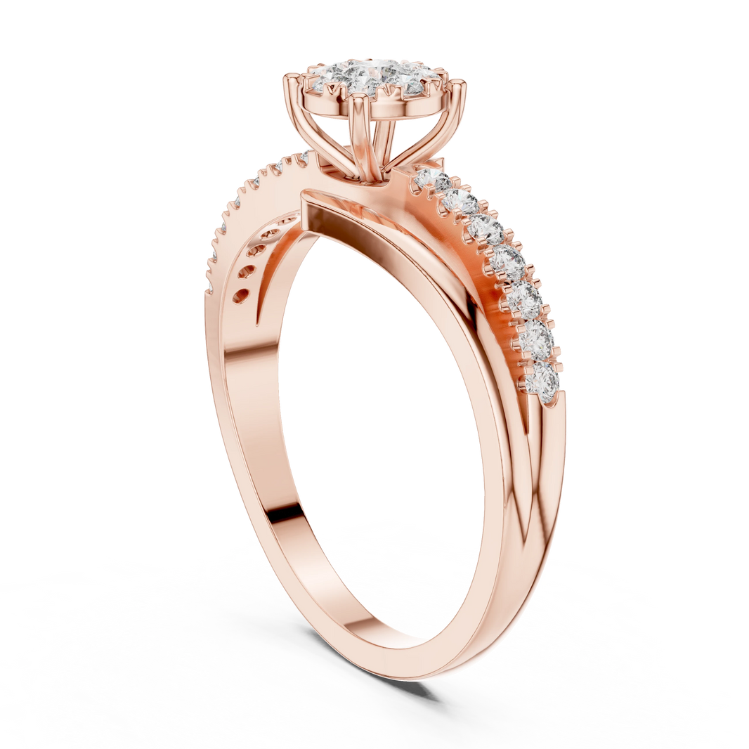 Bypass Cluster Curled Tip Split Shank Moissanite Ring in rose 925 sterling silver, view 1