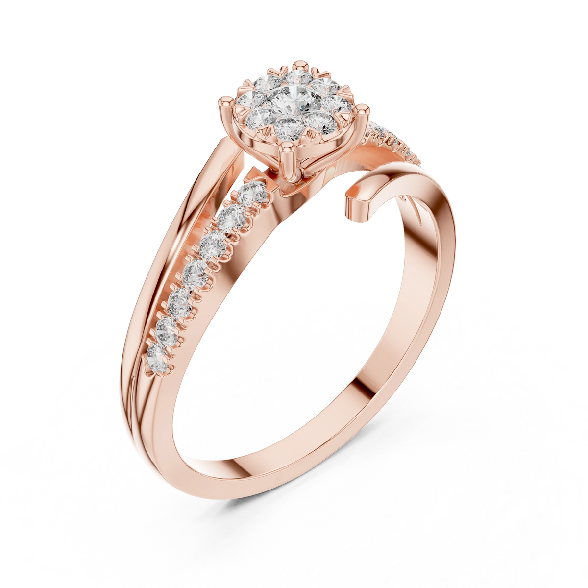 Bypass Cluster Curled Tip Split Shank Moissanite Ring in rose 925 sterling silver, view 2