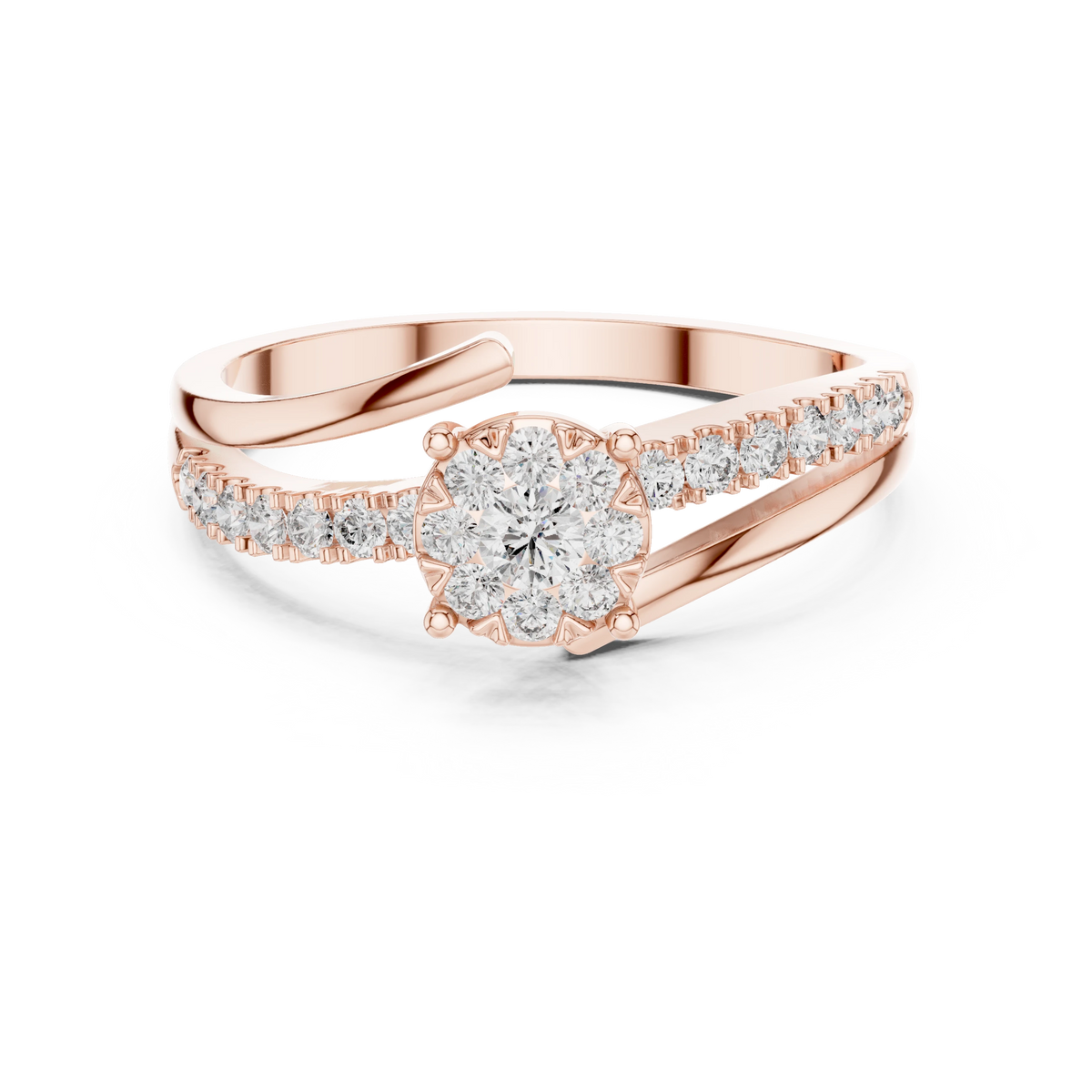 Bypass Cluster Curled Tip Split Shank Moissanite Ring in rose 925 sterling silver, view 4