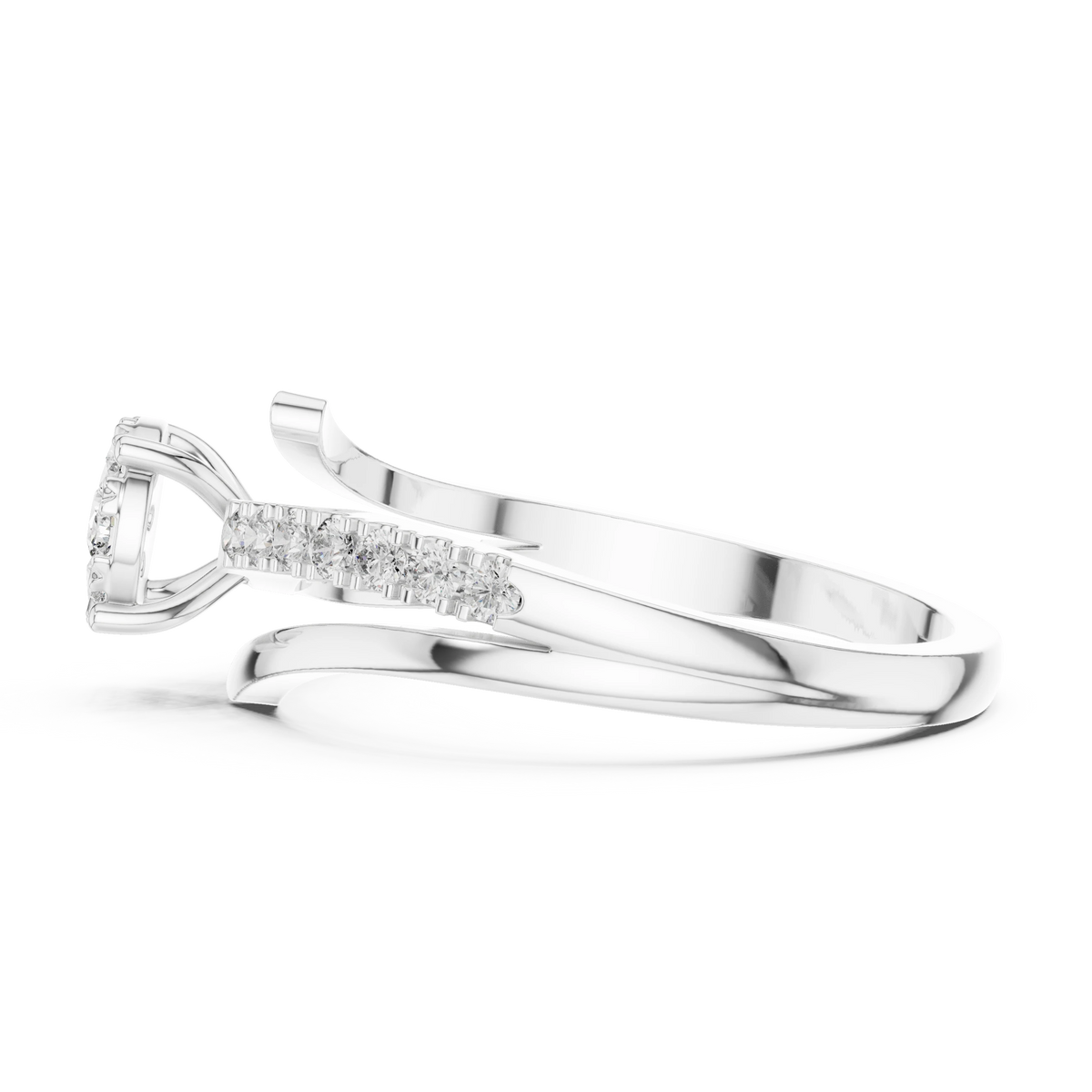 Bypass Cluster Curled Tip Split Shank Moissanite Ring in white 925 sterling silver, view 3