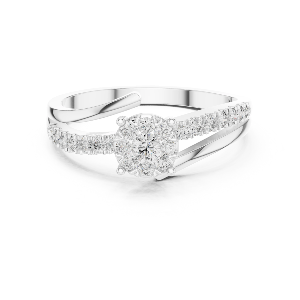 Bypass Cluster Curled Tip Split Shank Moissanite Ring in white 925 sterling silver, view 4