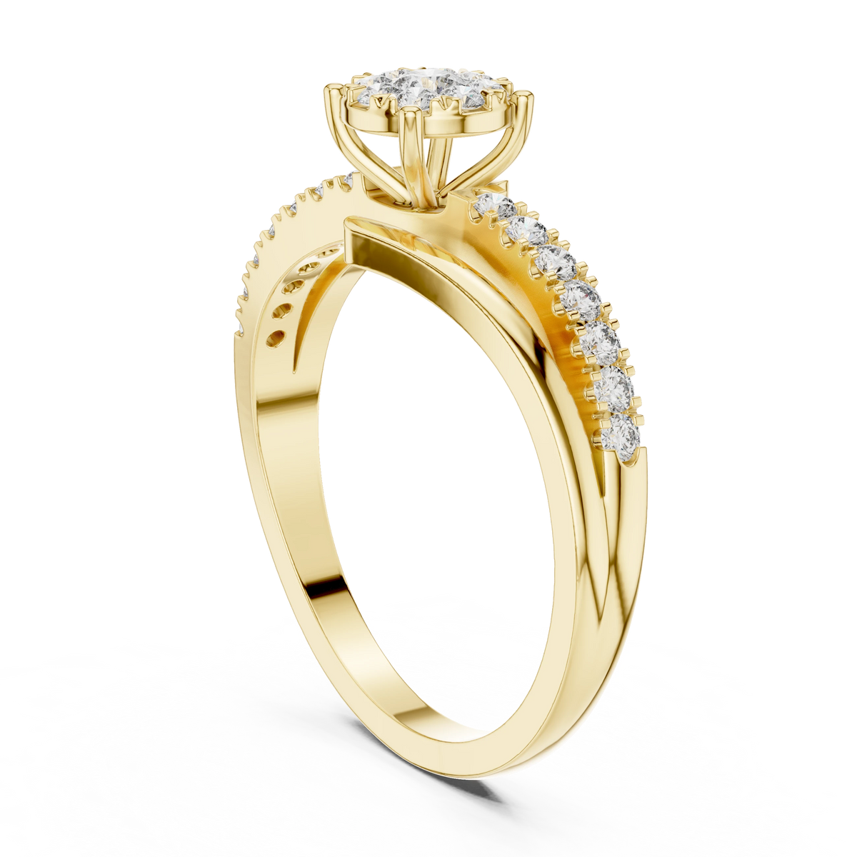 Bypass Cluster Curled Tip Split Shank Moissanite Ring in yellow 925 sterling silver, view 1