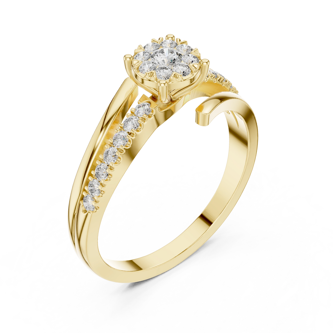 Bypass Cluster Curled Tip Split Shank Moissanite Ring in yellow 925 sterling silver, view 2