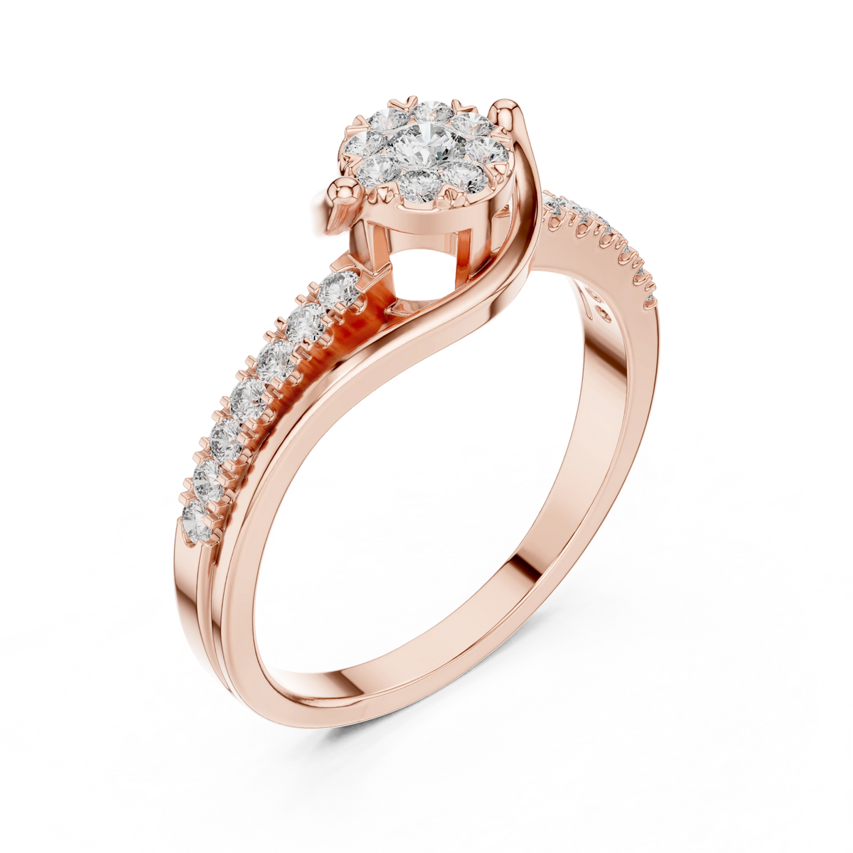 Swirl Wrap Cluster Bypass Moissanite Ring in rose 925 sterling silver, view 2