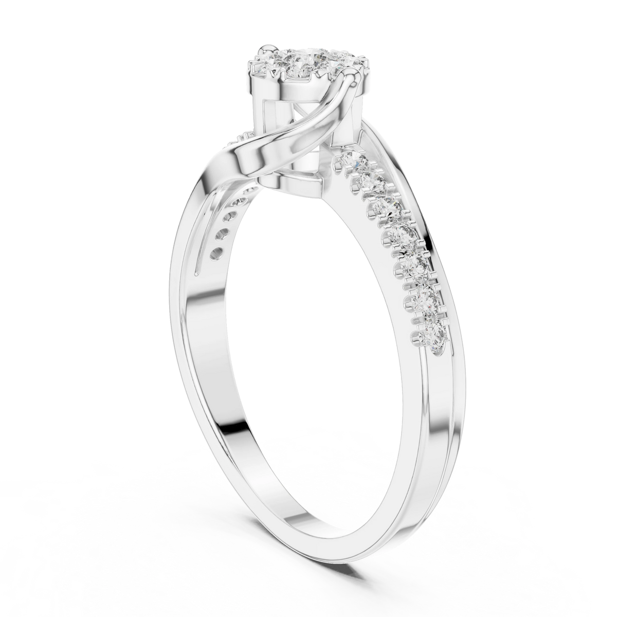 Swirl Wrap Cluster Bypass Moissanite Ring in white 925 sterling silver, view 1