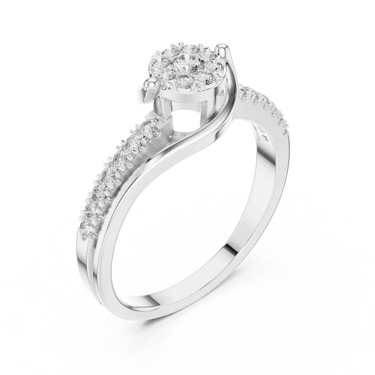 Swirl Wrap Cluster Bypass Moissanite Ring in white 925 sterling silver, view 2