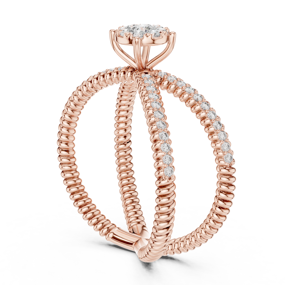 Ribbed Criss Cross Cluster Moissanite Ring in rose 925 sterling silver, view 1