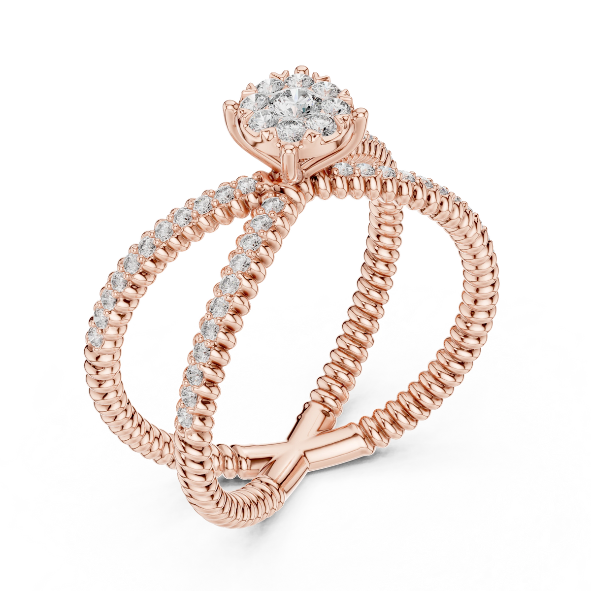 Ribbed Criss Cross Cluster Moissanite Ring in rose 925 sterling silver, view 2