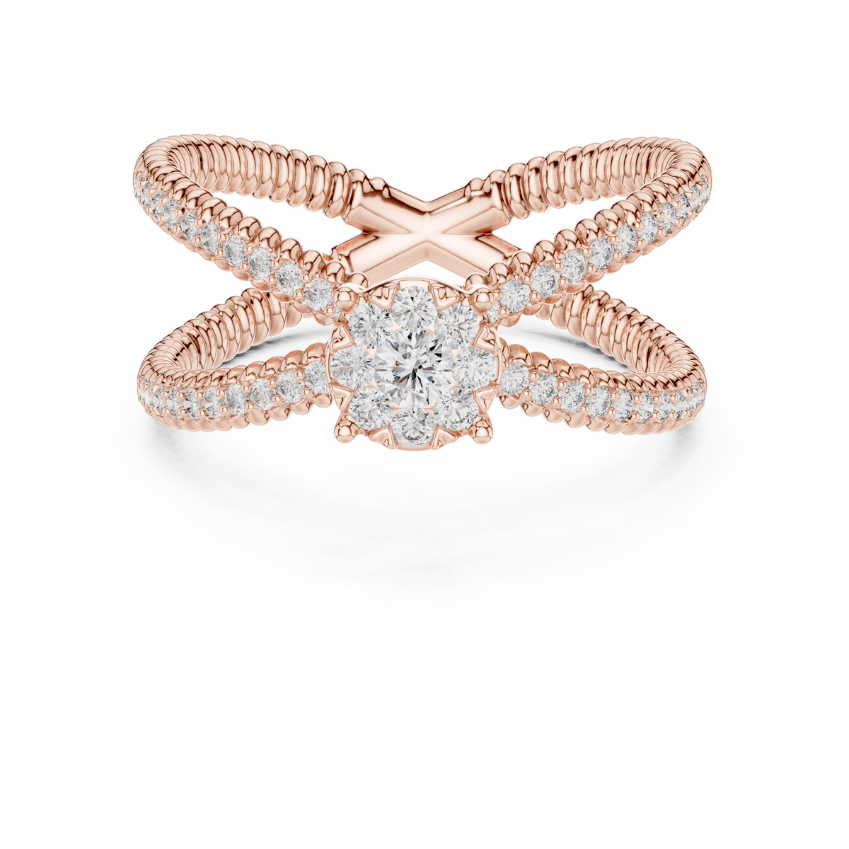 Ribbed Criss Cross Cluster Moissanite Ring in rose 925 sterling silver, view 4