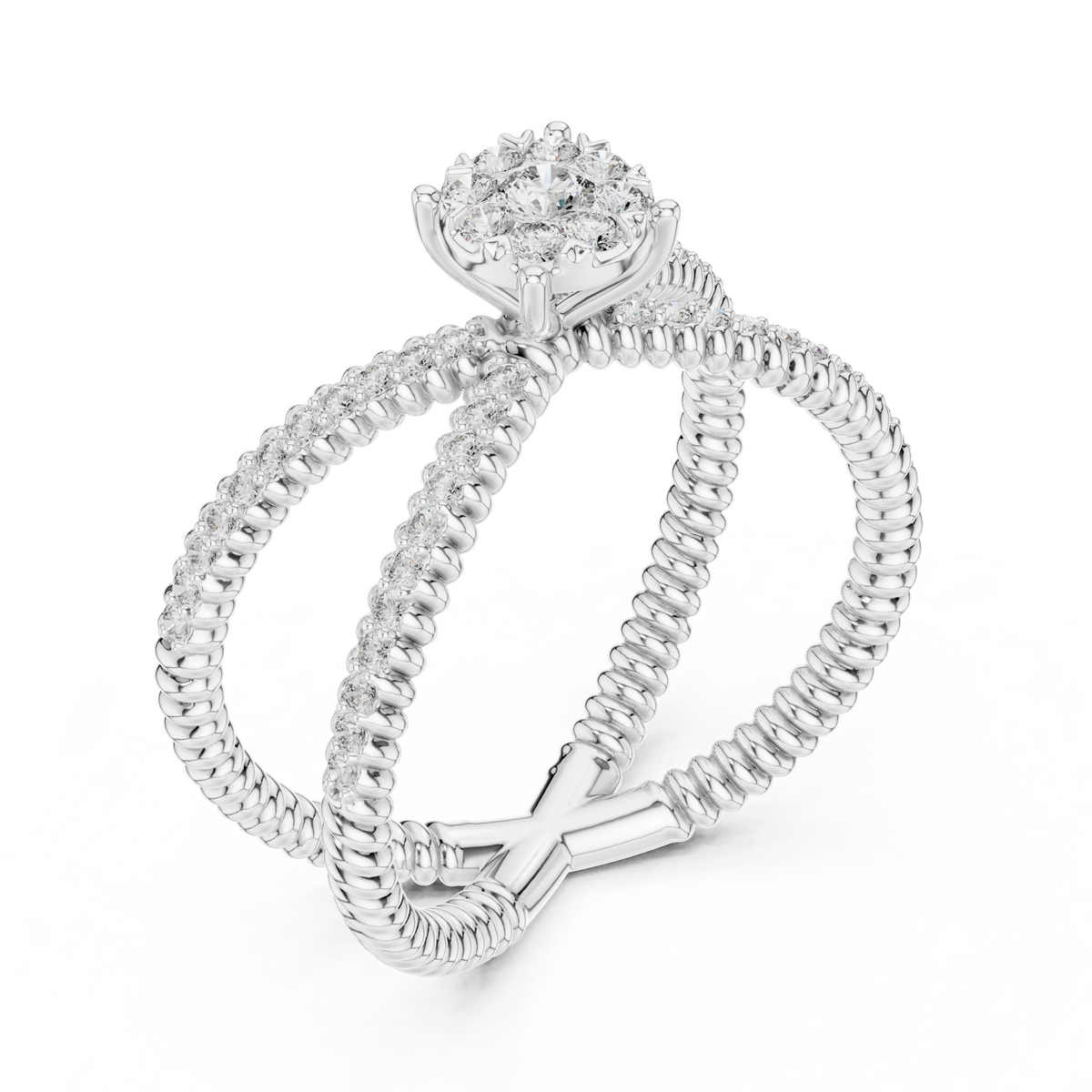 Ribbed Criss Cross Cluster Moissanite Ring in white 925 sterling silver, view 2