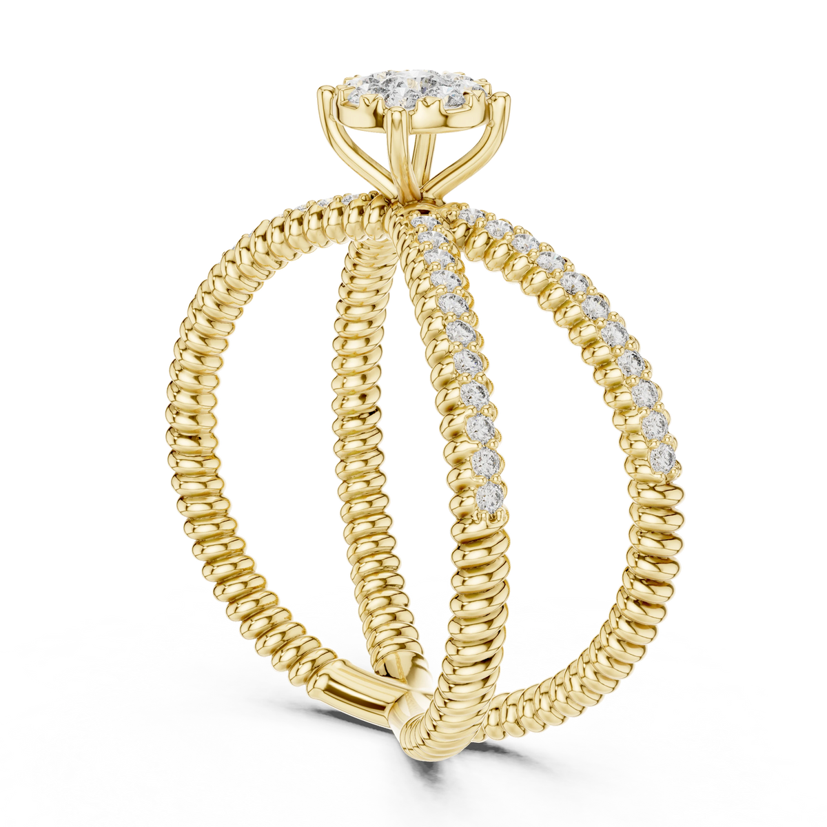 Ribbed Criss Cross Cluster Moissanite Ring in yellow 925 sterling silver, view 1