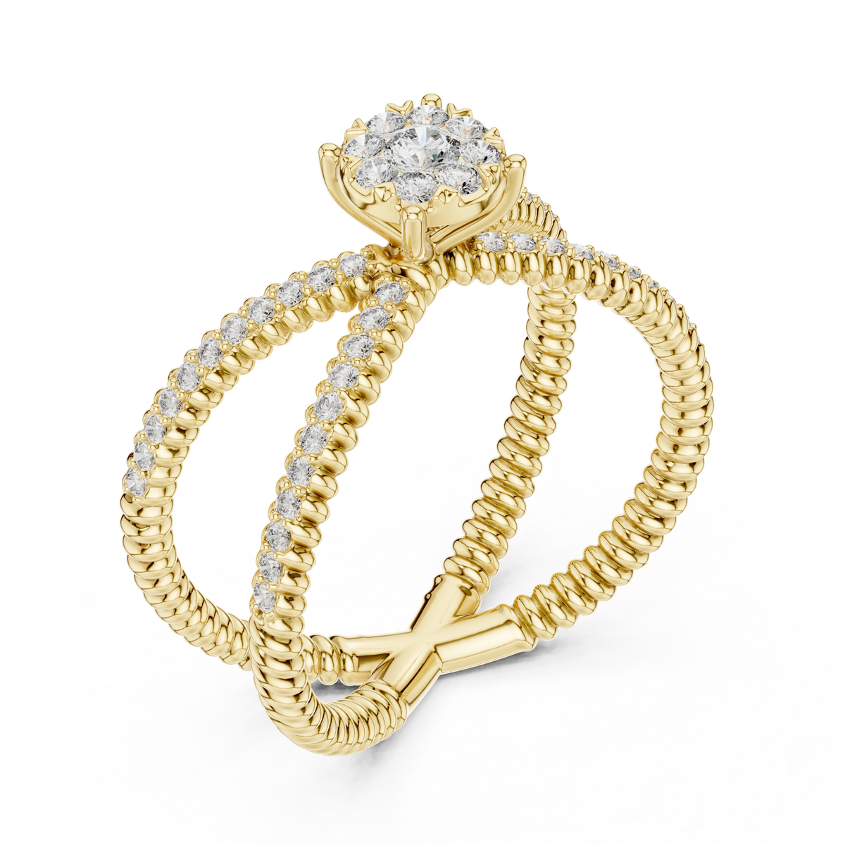 Ribbed Criss Cross Cluster Moissanite Ring in yellow 925 sterling silver, view 2
