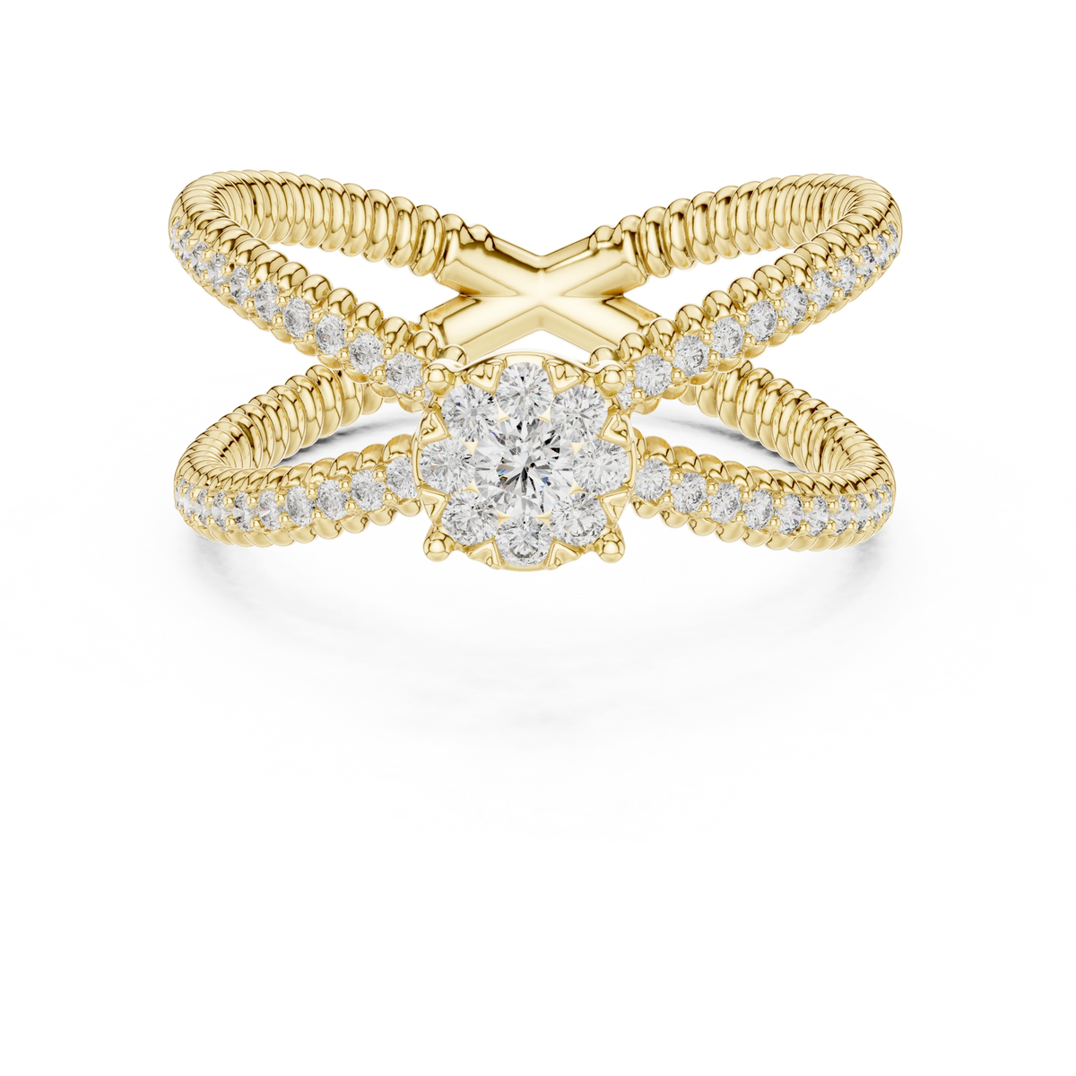 Ribbed Criss Cross Cluster Moissanite Ring in yellow 925 sterling silver, view 4