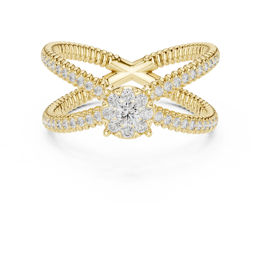 Ribbed Criss Cross Cluster Moissanite Ring in yellow 925 sterling silver, view 4