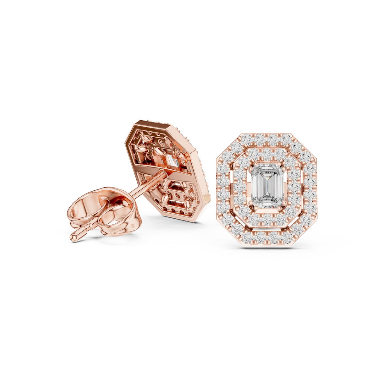 Emerald Cut Bezel Double Halo Moissanite Stud Earrings in rose 925 sterling silver, view 1