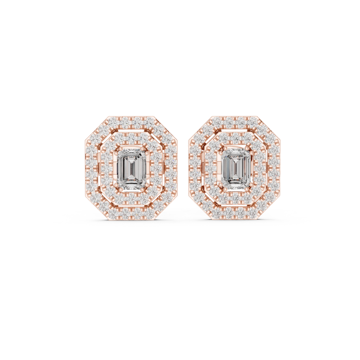 Emerald Cut Bezel Double Halo Moissanite Stud Earrings in rose 925 sterling silver, view 4